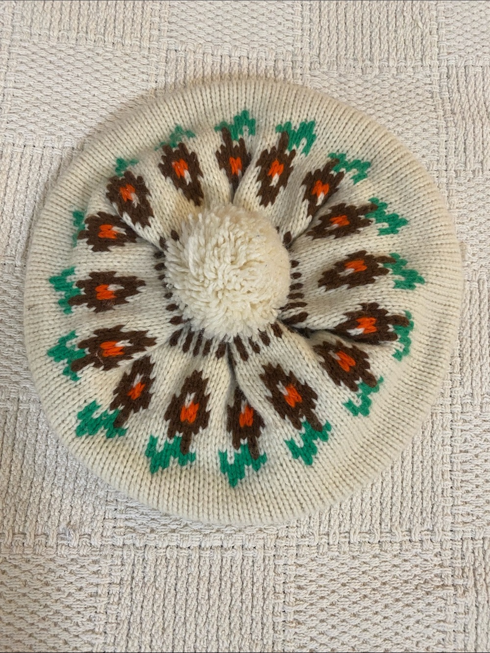Source Unknown Cream Knit Beret with Green and Brown Motif and Orange Highlights